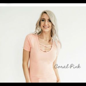 Strappy Layering Tee. Coral Pink Colored